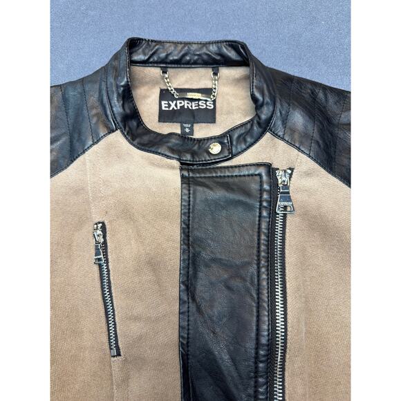Express Two Toned Beige and Black Leather Full Zip Blazer Jacket Poly Women Med - Picture 2 of 10